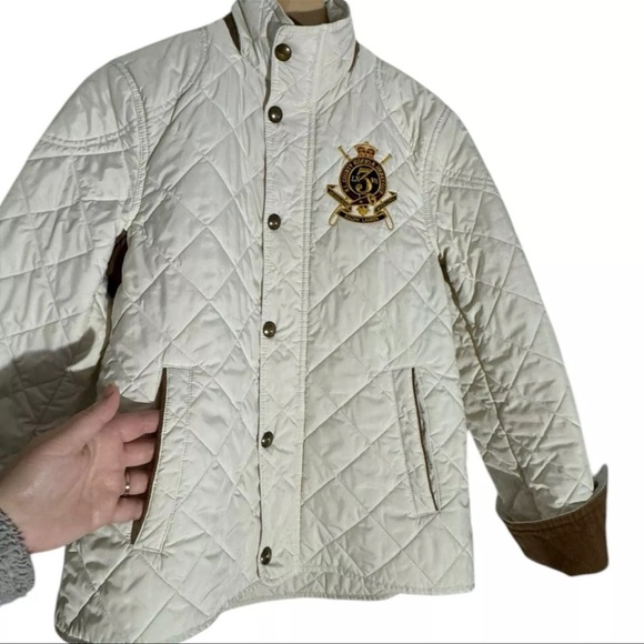 Ralph Lauren Sport Quilted Jacket Coat Barn Crest Corduroy Equestrian Ivory S - Picture 3 of 7